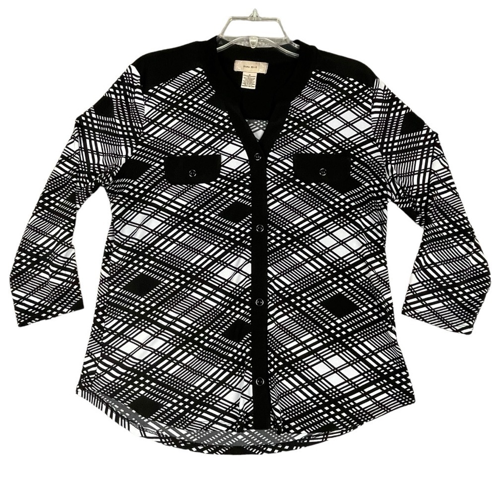 Diana Bell Black White Diagonal Print Office Attire Polished Casual Top - Sz M
